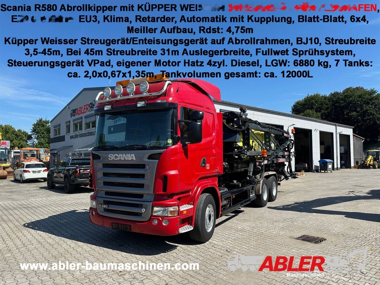 Municipal/ Special vehicle Scania R580 Abrollkipper Meiller mit Küpper Weisser Enteisungsaufbau St: picture 1